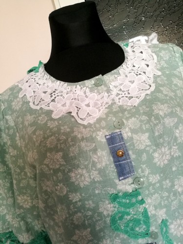 FLORAL LINEN SHIRT DRESS XL BOHO GREEN TUNIC DRESS SUMMER DENIM JACKET DRESS - Picture 14 of 14