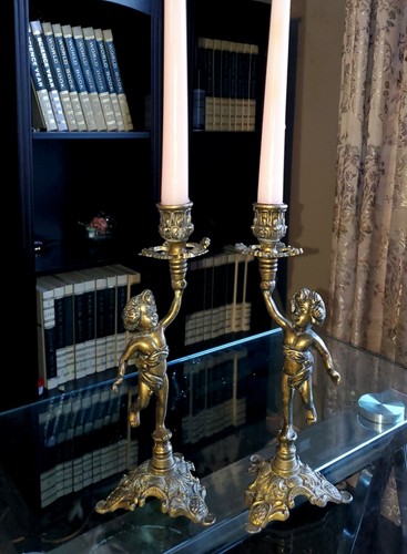 GENUINE STAMPED ANTIQUE ITALIAN INTRICATE BRASS CHERUB ANGEL CANDLESTICK HOLDERS - Picture 2 of 12