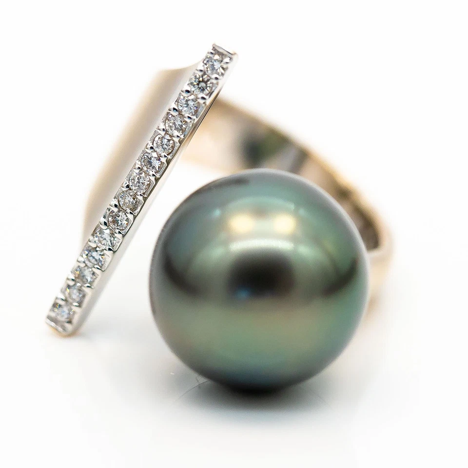 Bague 750/18K Or Blanc Perle De Tahiti Diamants 0.21 Ct TW/SI Taille 57 - Photo 1/2