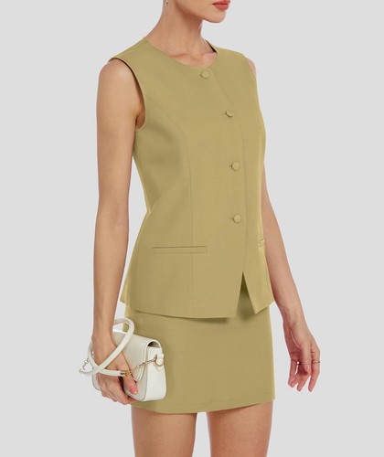 Women Round-Neck Single-Breasted Vest Skirt Suit Office Chic 2 Piece Set Outfit - Picture 36 of 57