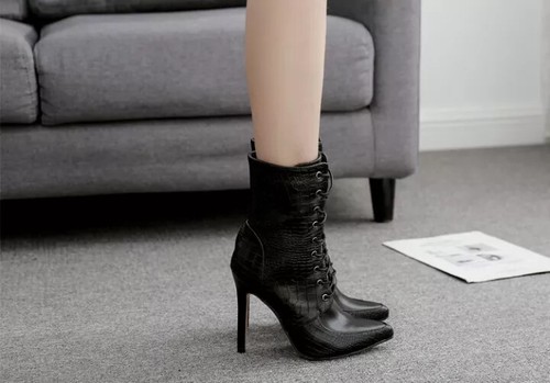 stivali scarpe donna 11 cm nero lacci tronchetto pelle sintetica comodi 92864 - Foto 5 di 7