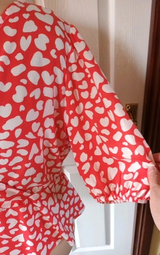 George Red White Heart Short Puff Sleeve Viscose Wrap Tie Waist Top UK 16 A88 - Picture 5 of 20