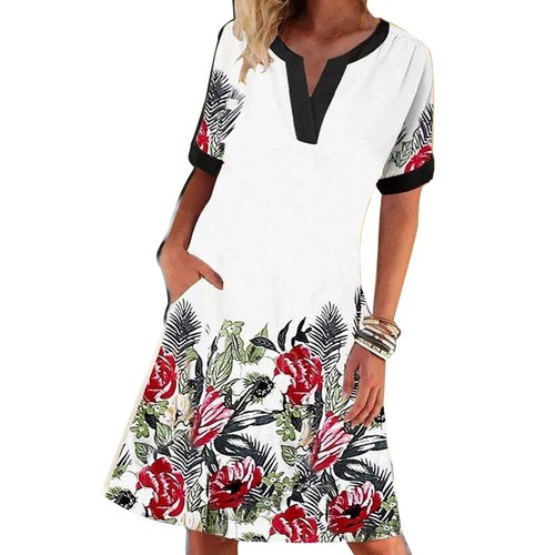 Damen Kurzarm V-Ausschnitt Freizeitkleid Damen Sommer Blumendruck locker Sommerkleid - Bild 2 von 5