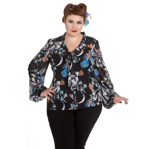 Blu Notte Stellata Hell Camicetta Bunny Vintage Rétro Nero 1950s Chiffon IFwZPxq