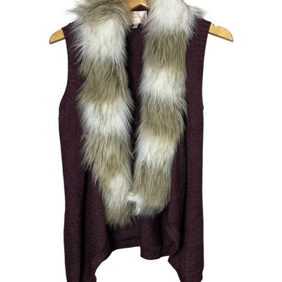 Anthro Skies Are Blue Vest Cardigan Sz Medium Faux Fur Shark Bite Modern Hem 