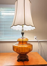 Amber Glass Table Lamp With Ornate Metal Base & White Scalloped Shade - 40" Tall
