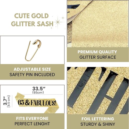 65 Birthday Decorations - 65th Sash - "65 & - Gold - Foto 3 di 6