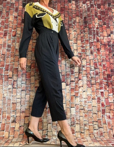 Vintage 80er Gr. 14 Lillie Rubin Military Gold Metall Jumpsuit Strampler schwarz grün - Bild 3 von 24