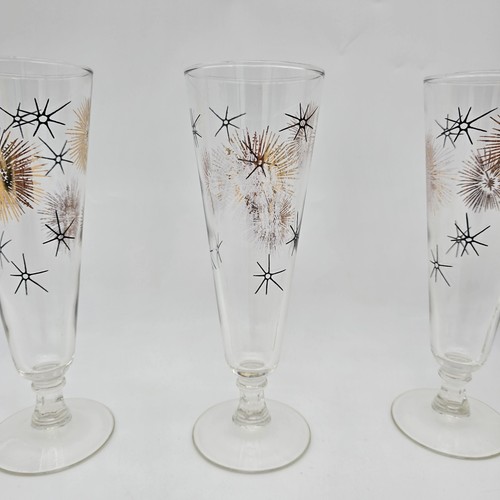 Vintage Federal Glass Starburst Clear with Black & Gold Pilsner Glasses 4 Set - Picture 8 of 13