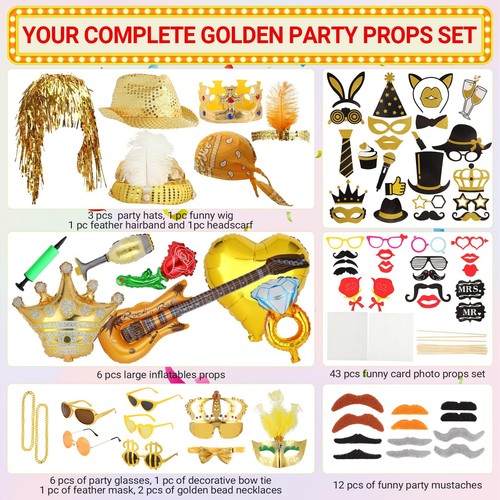 Bulk Gold Party Photo Booth Props Set for Adult, Funny Golden Photo Booth Gla... - Picture 2 of 7