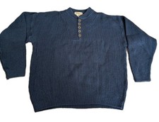Vtg Eddie Bauer Sweater Mens L Blue Knit Fisherman Ribbed Henley USA Made EUC