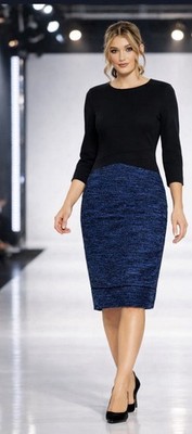 Avalon Mixed Media Sheath Midi Dress | Black & Blue Textured | Size 2