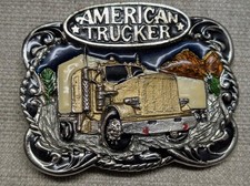 vintage USA made AMERICAN TRUCKER belt buckle SEMI TRUCK brass ENAMEL big rig