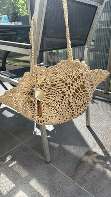 Damen Stroh Häkel-Schultertasche beige, Quaste, groß Halbkreis, Innenbeutel
