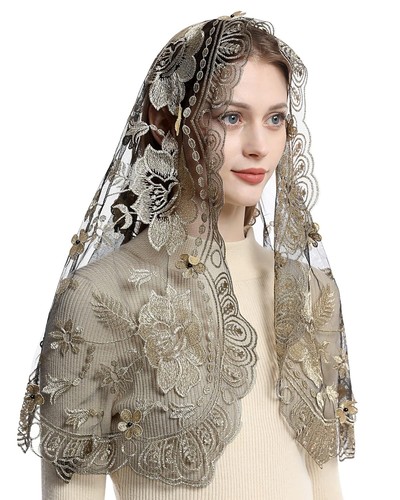 Bozidol Catholic Chapel Mantilla Veil Spanish Lace Head Covering Black-gold - Picture 3 of 5