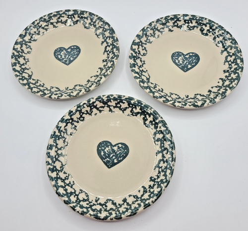 Folk Craft Hearts Green/Blue Sponge 7.5" Salad Dessert Plates Tienshan Set of 3 - Picture 1 of 5