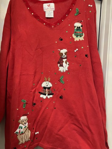 Quacker Factory Red Xmas Holiday Theme Dog Sweater With Mistletoe & Sequins 3X - Picture 2 of 17