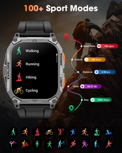 2.01" HD Smart Watch With Military Sport Watch 1000mAH 2 straps For Android iOS - Picture 7 of 9