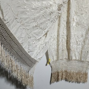 Victorian Edwardian Cream Silk Formal Wrap Scarf Stole Hand Embroidered Fringe