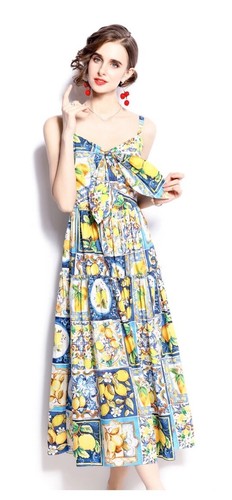 New Summer Lemon Print Sweetheart Neck Spaghetti Straps Bow Women Long Sundress - Picture 7 of 14