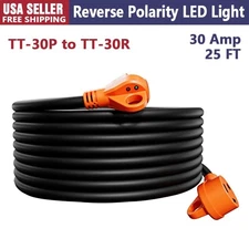 30 Amp 25 FT RV Power Extension Cord Reverse Polarity LED Light TT-30P to TT-30R