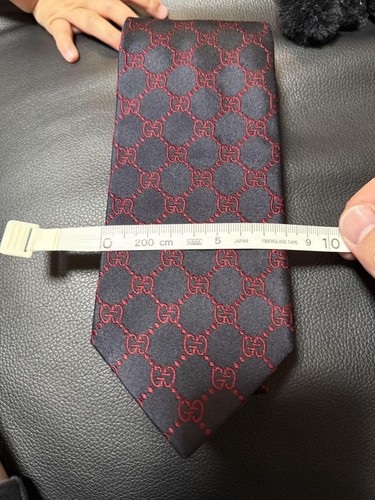 Gucci Necktie Tie 100% Silk Black Red GG Chain Pattern 3.2 inches From Japan - Picture 18 of 24