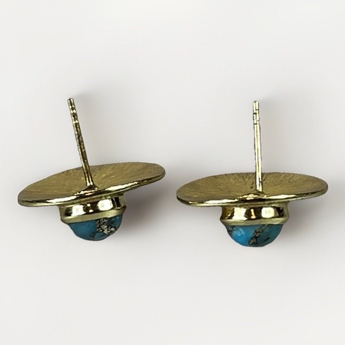 VTG Turquoise & Gold Over Sterling Silver 925 Earrings Button Disc Handmade Stud - Picture 10 of 13