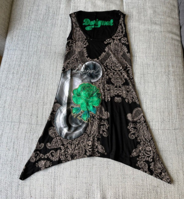 DESIGUAL WOMEN TOP/tunika No Sleeve Asymmetric Abtract Print Gold Black Sz Xs