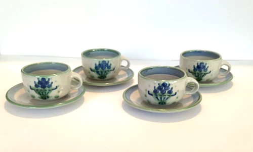 MA Hadley Four 4 Blueberry Bouquet Teacup Cup & Saucer Pottery Blue Louisville