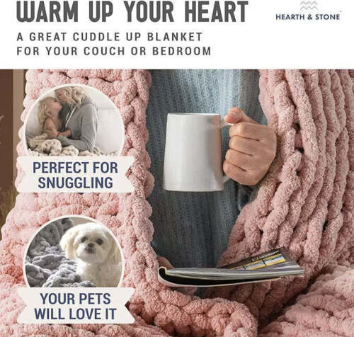Hand Made Luxury Chenille Chunky Giant Knitted Blanket BLUSH 127x152cm RRP £129 - Picture 6 of 7