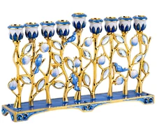 Blue and Gold Enamel Menorah Ornate Jeweled Menorah Hanukkah Gift Chanukah 8"