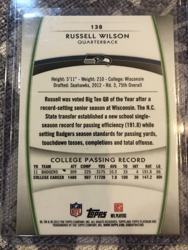 2012 RUSSELL WILSON TOPPS PLATINUM X-FRACTOR ROOKIE # 138 - Picture 2 of 2