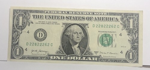Billete de un dólar número de serie elegante Six of a Kind 2s D22822262C FW - Imagen 3 de 6