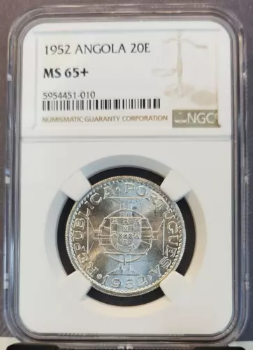 1952 ANGOLA SILVER 20 ESCUDOS PORTUGUESE REPUBLIC NGC MS 65+ BRIGHT GEM BU