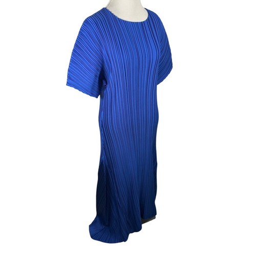 Lafayette 148 Braxton Plisse Dress Blue Accordion Pleat Cocktail Party Size L