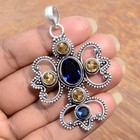 Big Tanzanite & Citrine Topaz Gemstone Cross 925 Sterling Silver Jewelry Pendant