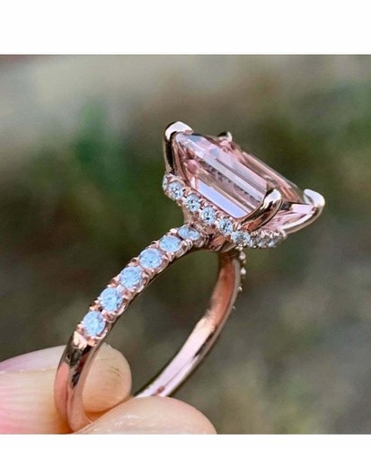 Anello aureola nascosta morganite creato in laboratorio smeraldo 3 ct argento placcato oro rosa 14 carati - Foto 1 di 4