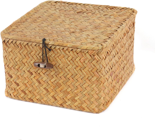 Wicker Shelf Baskets with Lid, Handwoven Seagrass Storage Basket Bins Square Gif - Picture 8 of 12