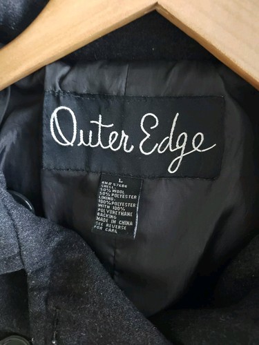 Outer Edge Hooded Pea Jacket BLACK GRAY Double Breasted Pockets Lined Size Large - Picture 8 of 10