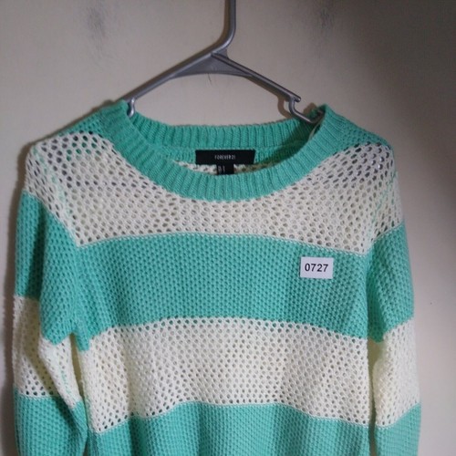 Forever 21 Sweater Womans Small Green White Stripe Pullover Large Knit - Picture 3 of 8