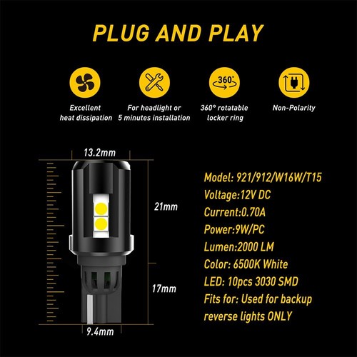 2x AUXITO T15 W16W 921 6000K Pure White LED Canbus Error Free Reverse Light Bulb - Picture 8 of 10