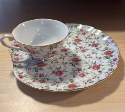 Vintage Lefton China Hand Painted Pink Roses Luncheon Set Tea Cup & Plate 637 R