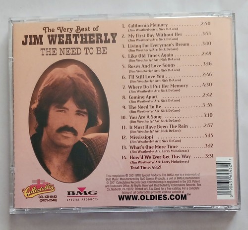 Jim Weatherly Very Best Of The Need To Be 14 Great Songs Collectables CD - Bild 2 von 2