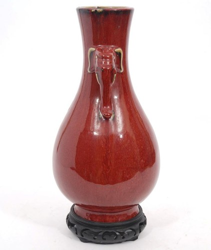 Chinese Pottery Sang de Boeuf Oxblood Flambe Glaze Elephant Handle Vase, 13 1/2" - Picture 4 of 7