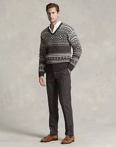 Polo Ralph Lauren Men’s size M Fair Isle 100% Wool V-Neck Sweater Gray NWT $298 - Picture 7 of 10