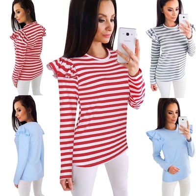 Women Ruffle Tops Causal T-Shirt Long Sleeve Striped O-Neck Tee Shirt Tops US