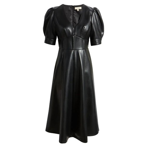 Hecho a Mano Mujer Piel Sintética V Puff de Cuello Mangas Media Caña Negro Dress - Imagen 3 de 6