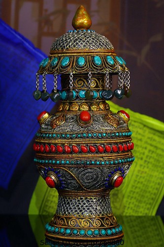 12.8" Old Tibet Nepal Silver Wire Inlay Turquoise Coral Gem treasure Bottle Vase - Picture 5 of 9
