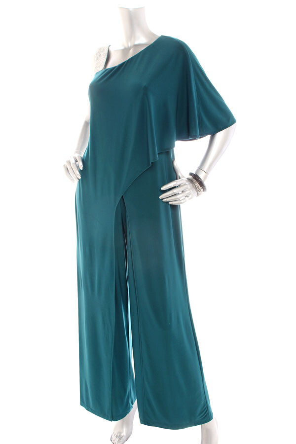 NEW Women R&M Richards One shoulder Faux Wrap Slit Wide Leg Maxi Jumpsuit Teal 8 NEW Women R&M Richards One shoulder Faux Wrap Slit Wide Leg Maxi Jumpsuit Teal 8