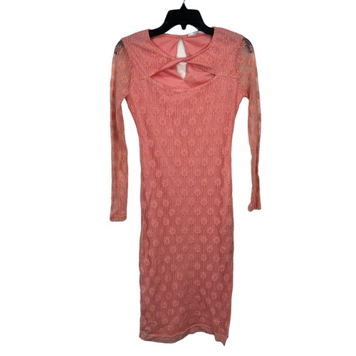 BB Dakota Dress Sz XS Lace Sheer Coquette Long Sleeve Coral Side Slit - Picture 9 of 9